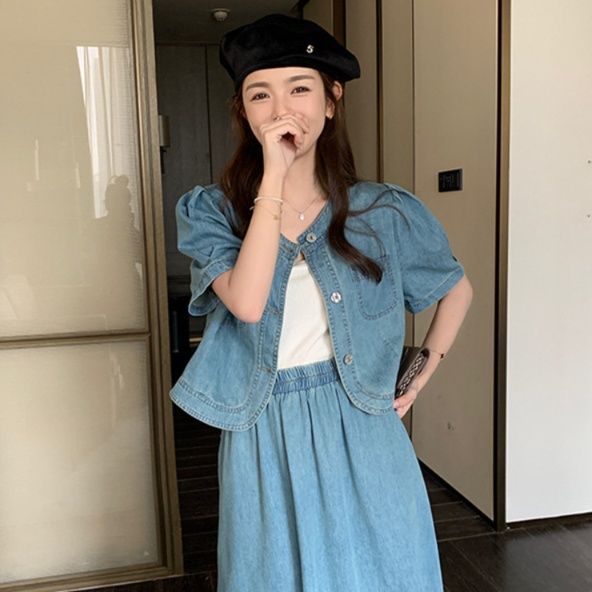 デニムセットアップ パフスリーブ付きデニム上下セット
