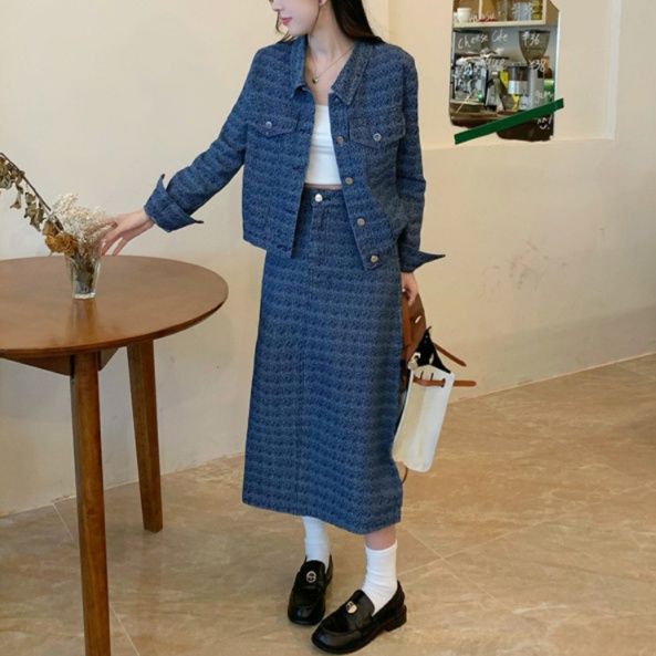 デニムセットアップ 幾何学模様ジャケット＆タイトスカート上下セット