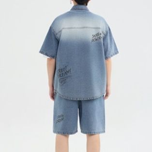 デニムセットアップ 夏向け文字入りデニムシャツセット
