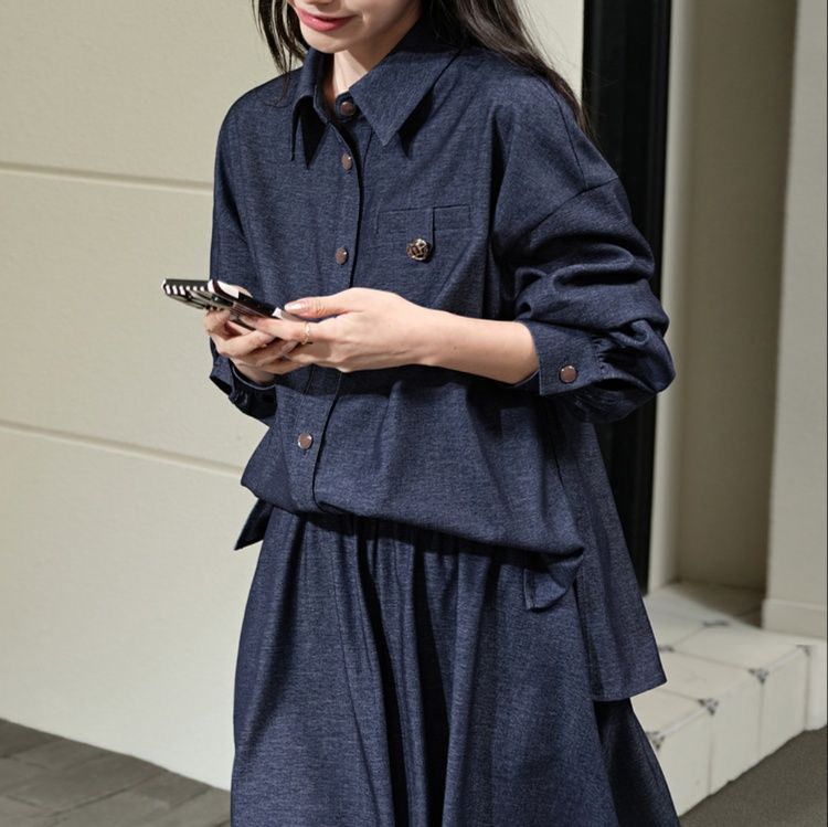 デニムセットアップ ゆったり長袖シャツスカートセット