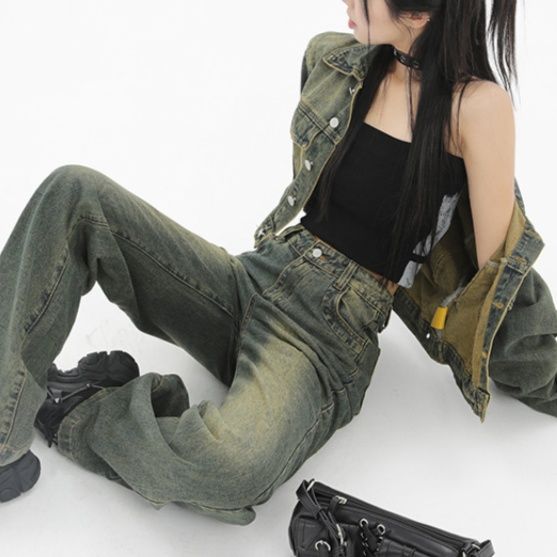 デニムセットアップ ヴィンテージ風ワイドシルエット上下セット