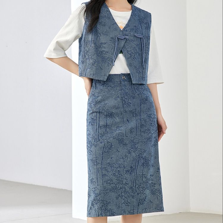 デニムセットアップ 草木模様入り織物ベスト付きスカートセット