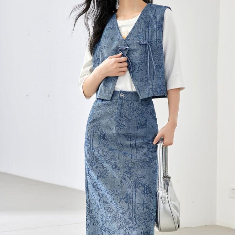 デニムセットアップ 草木模様入り織物ベスト付きスカートセット
