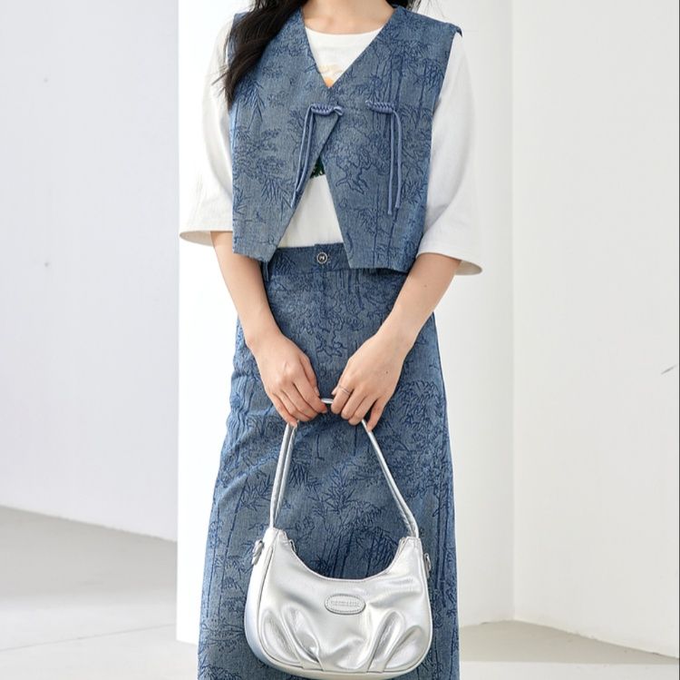 デニムセットアップ 草木模様入り織物ベスト付きスカートセット