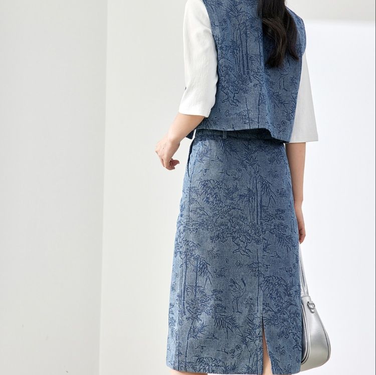 デニムセットアップ 草木模様入り織物ベスト付きスカートセット
