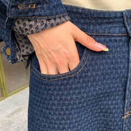 デニムセットアップ 千鳥格子柄ジャケット＆ロングスカートの二点セット