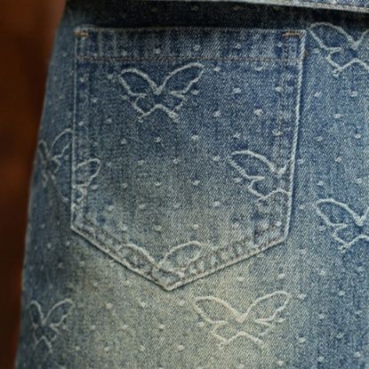 デニムセットアップ ヴィンテージ風刺繍入りデニムジャケット＆スカート二点セット