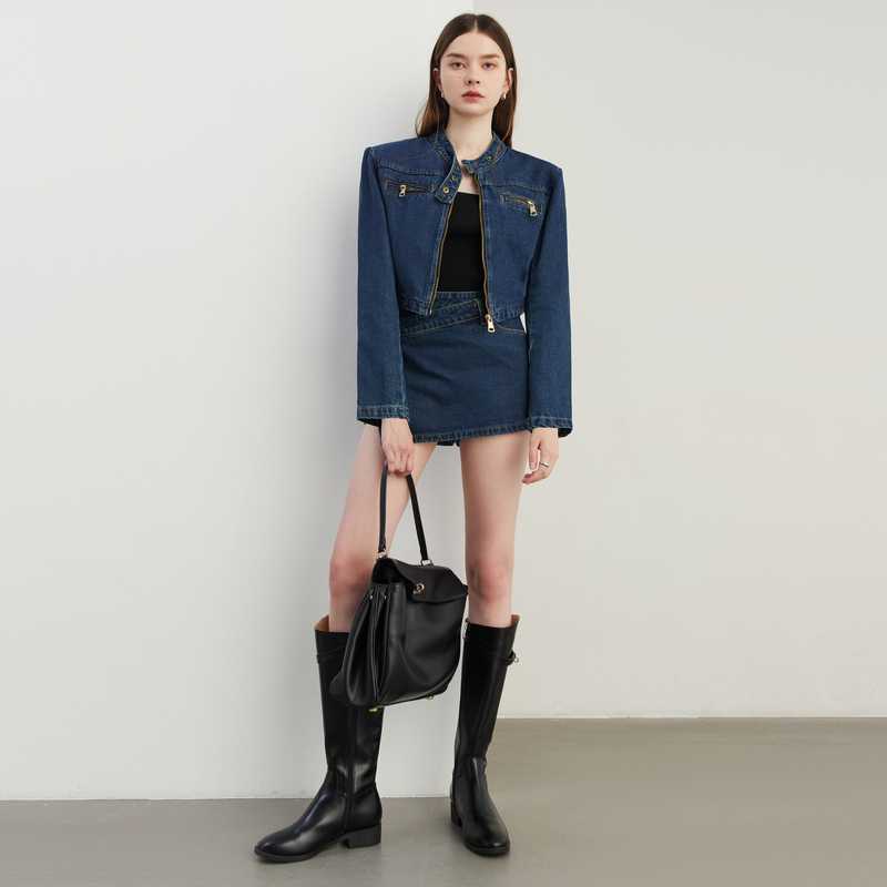 デニムセットアップ 立ち襟ジッパー デニムツーピース