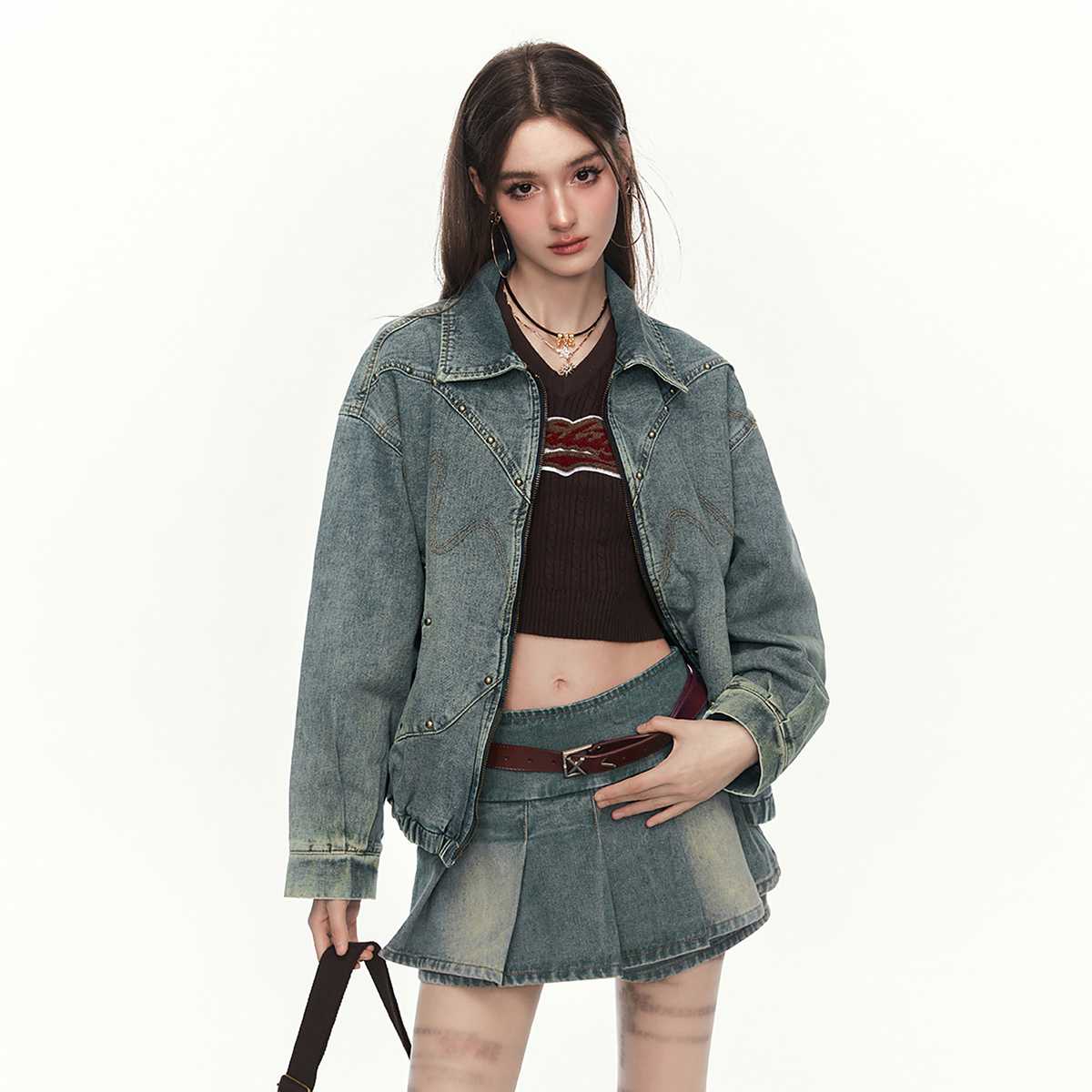 デニムセットアップ スタッズ付きデニムジャケット&プリーツスカート