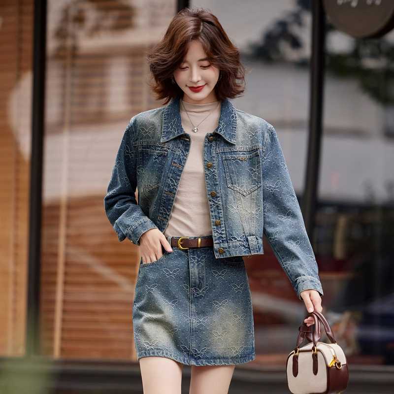 デニムセットアップ 型押し模様入り 上品デニムセット