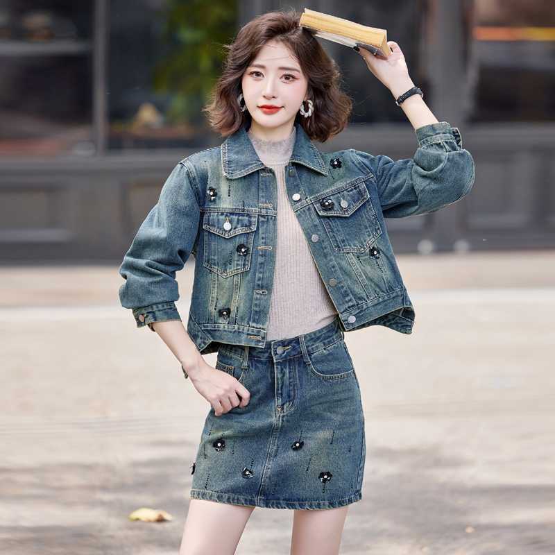 デニムセットアップ 花飾り付きデニムジャケット&スカートセット