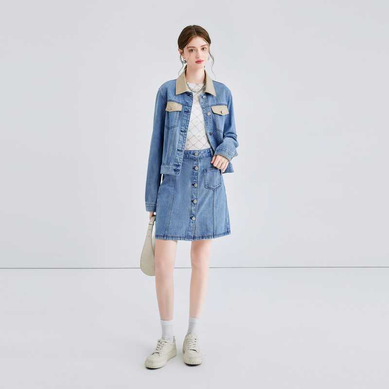 デニムセットアップ コントラスト襟デニムジャケット＆スカートセット