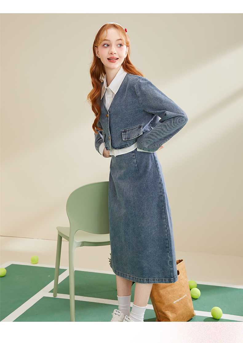 デニムセットアップ 襟付きデニム上下セット ミディ丈スカート