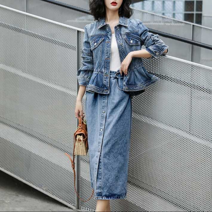 デニムセットアップ 美シルエット裾フレア上品デニム上下セット