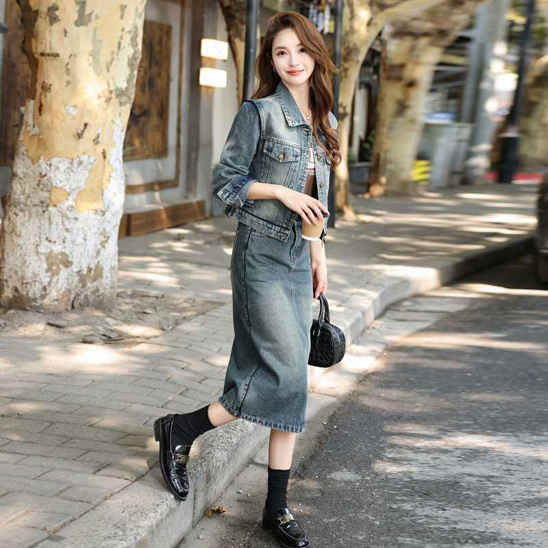 デニムセットアップ こなれ感デニム上下セット ジャケット＆ミディスカート