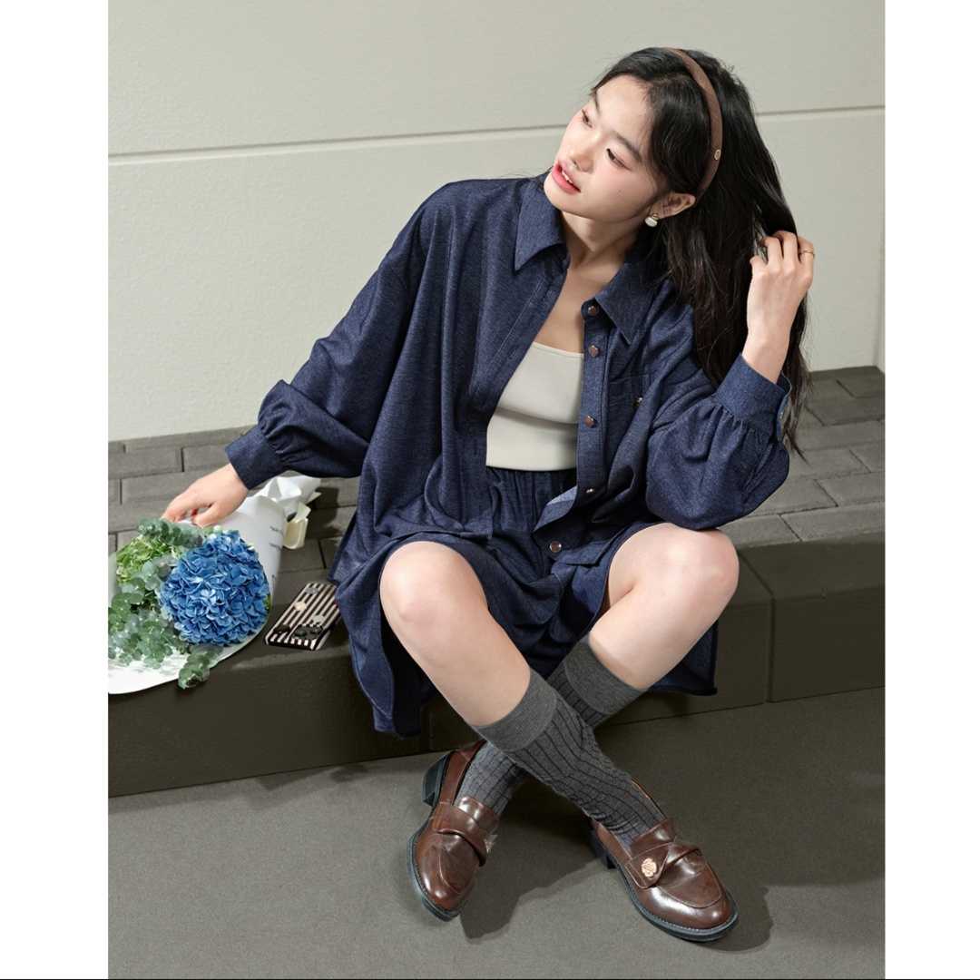 デニムセットアップ ゆったり長袖シャツスカートセット
