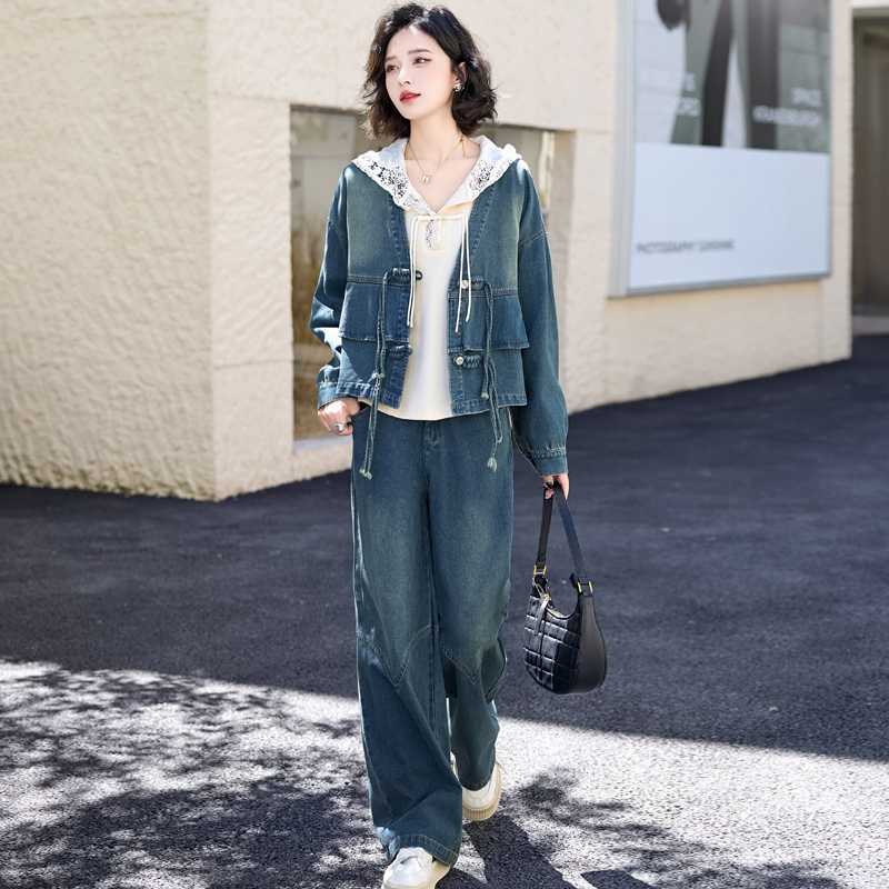 デニムセットアップ レース襟付きデニムセットアップ