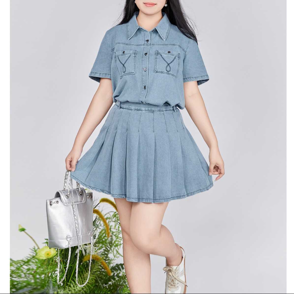 デニムセットアップ ポケット飾り半袖デニムシャツとプリーツスカートセット