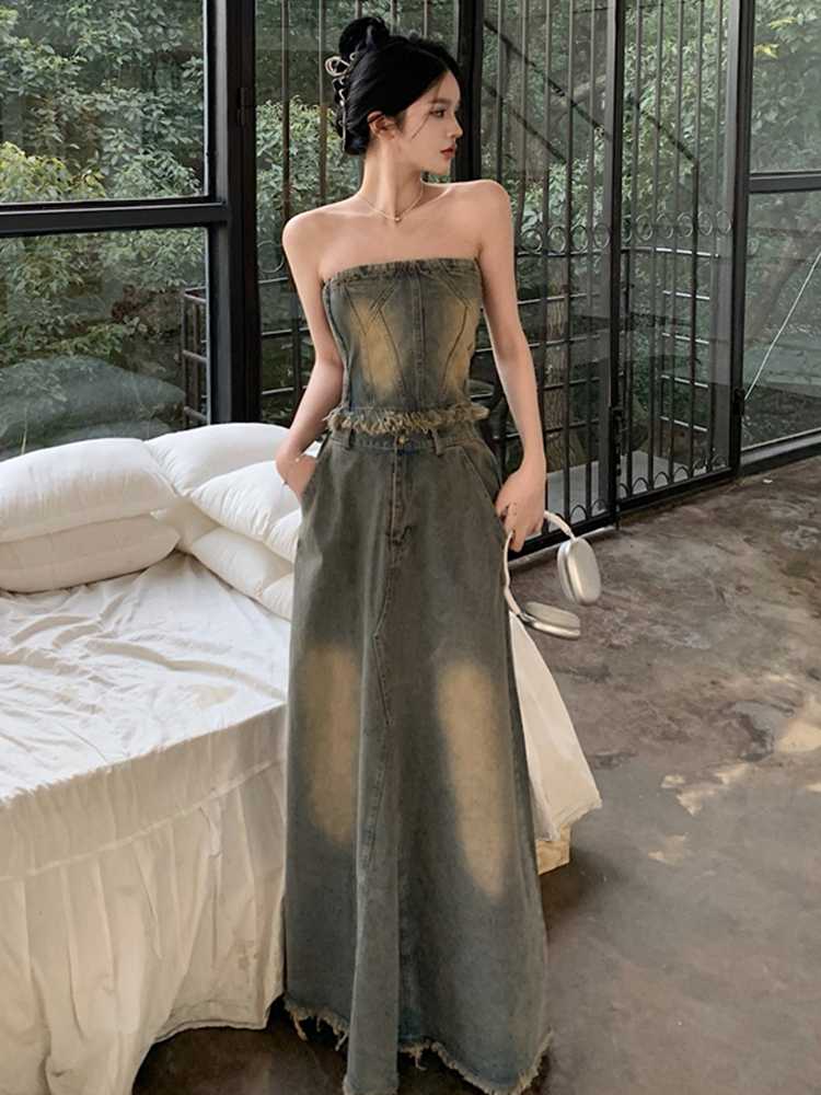 デニムセットアップ フリンジビスチェデニムセット