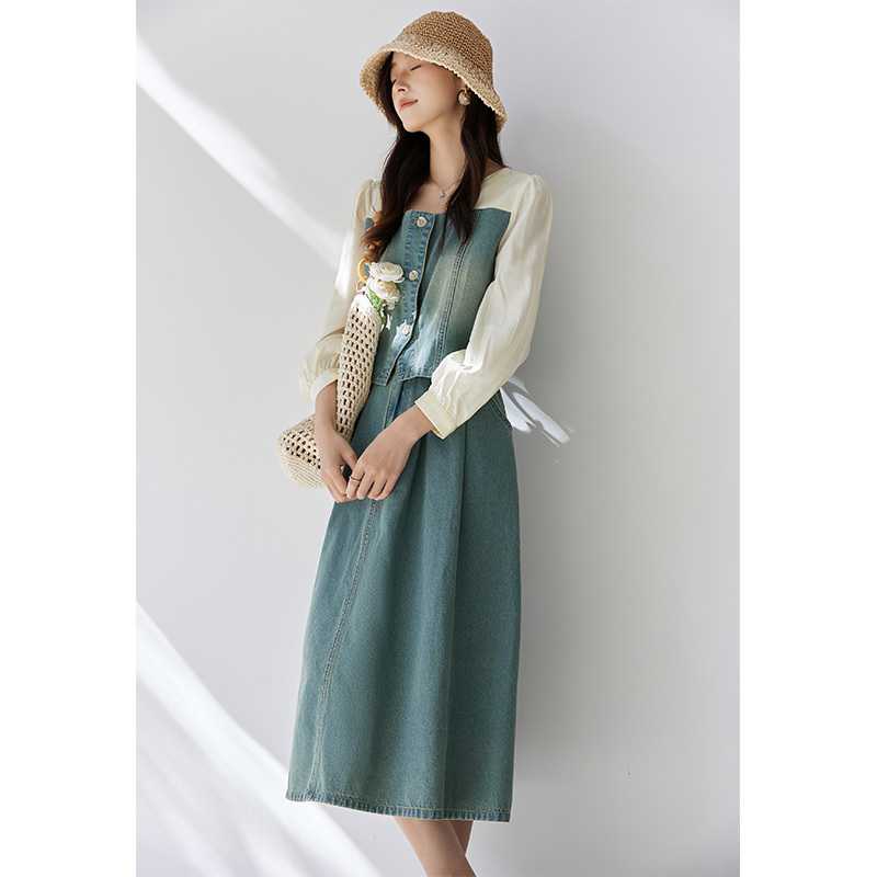 デニムセットアップ 白袖切り替えデニムセットアップ