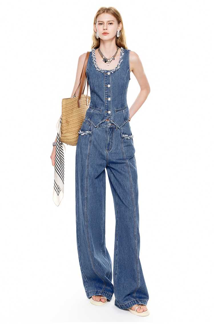 デニムセットアップ フリンジ装飾ビスチェとパンツの上下セット