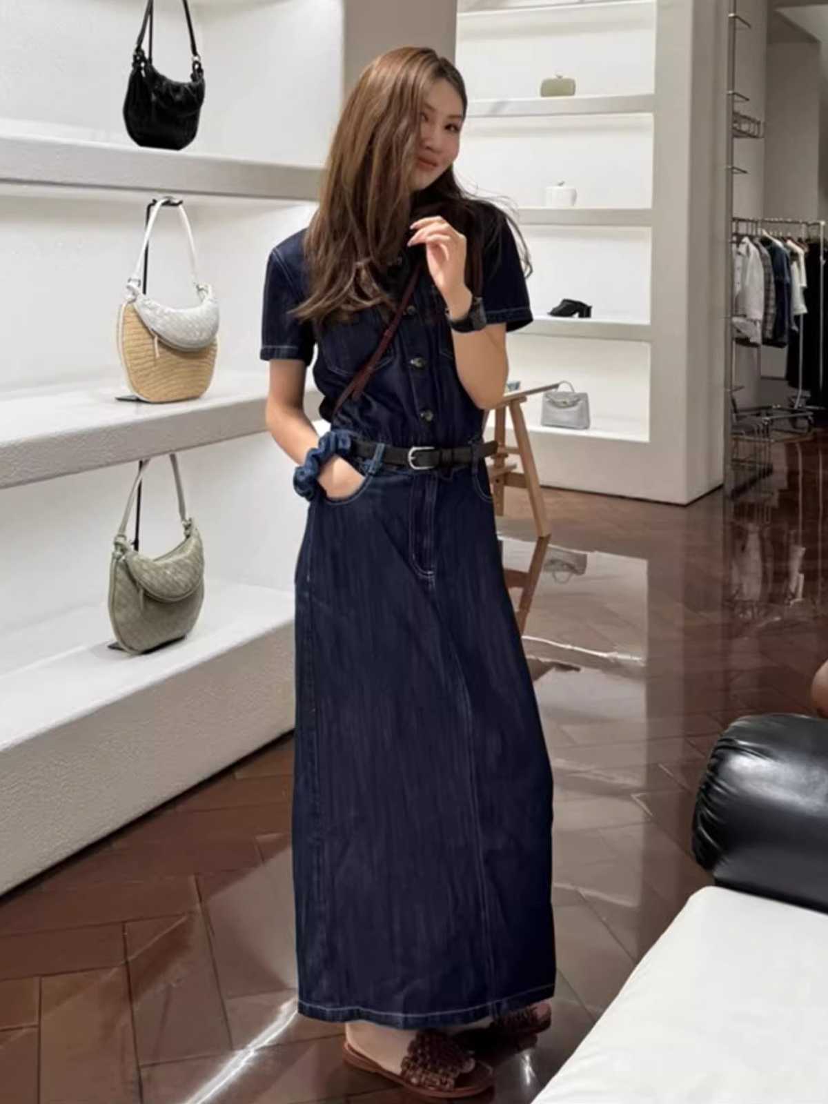 デニムセットアップ デニム長め丈シャツとスカートのセット