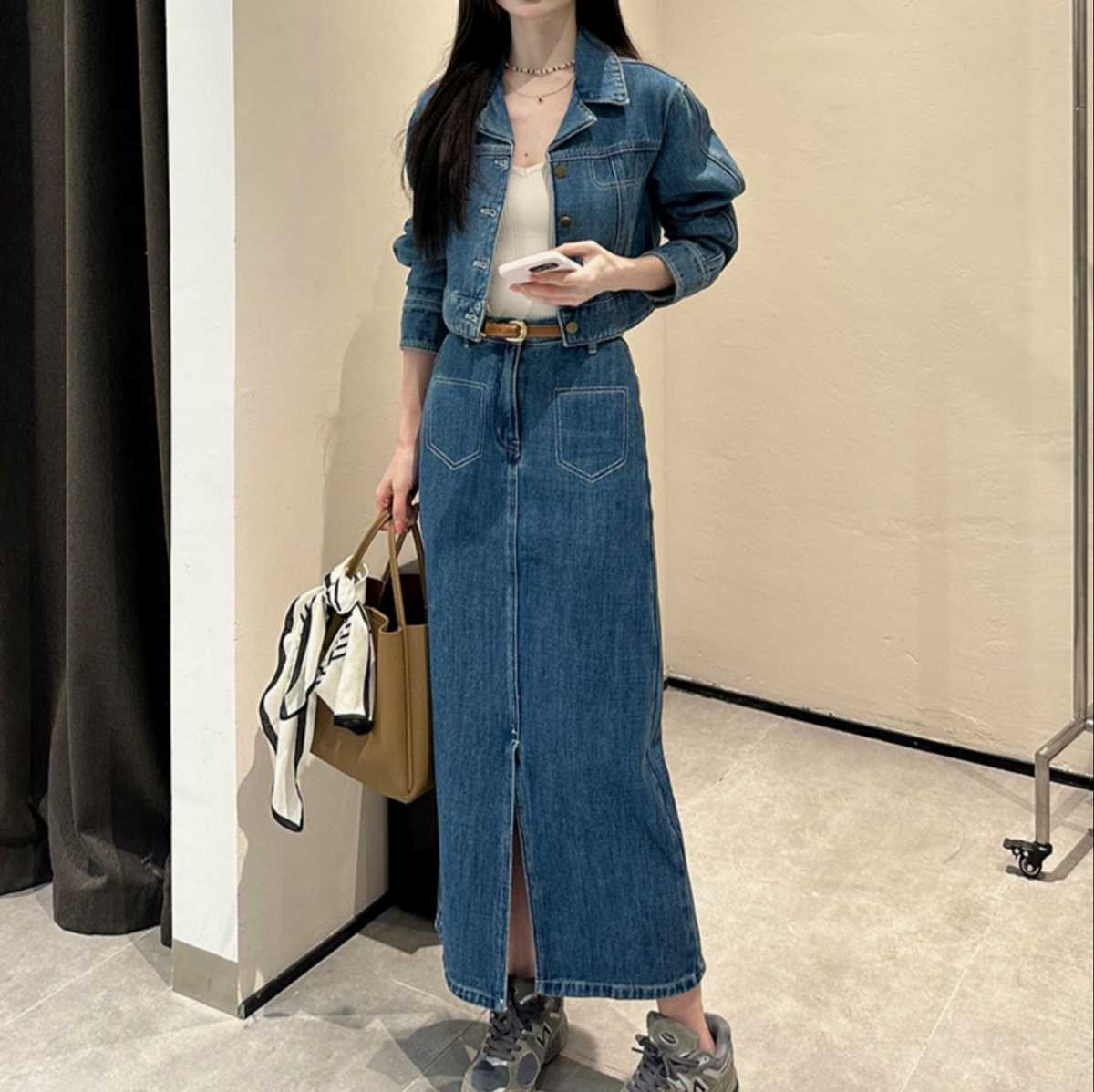 デニムセットアップ クロップドジャケット＆ロング丈スカート