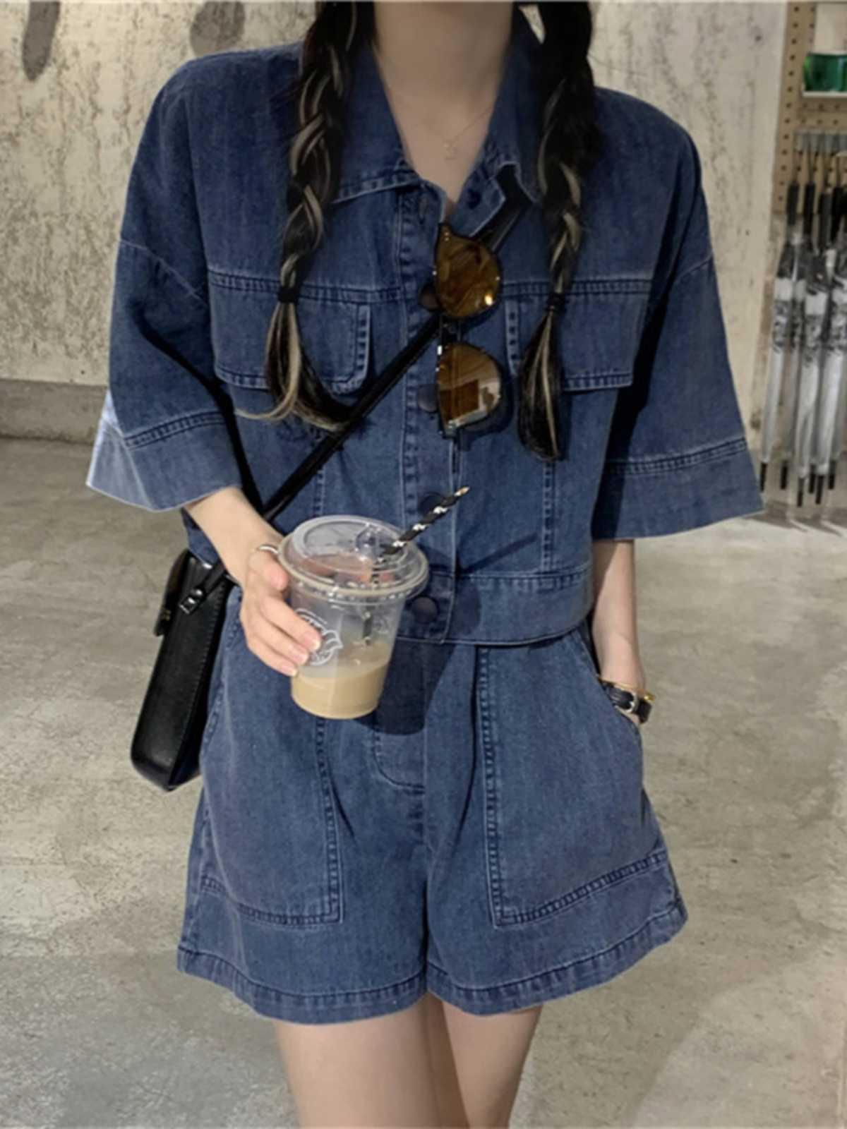 デニムセットアップ 半袖デニム ショートパンツ一体型