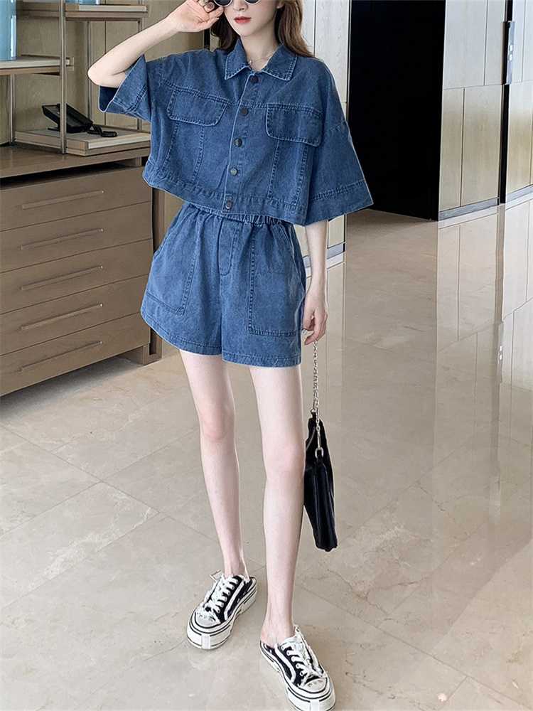 デニムセットアップ　ゆったり七分袖デニムセットアップ