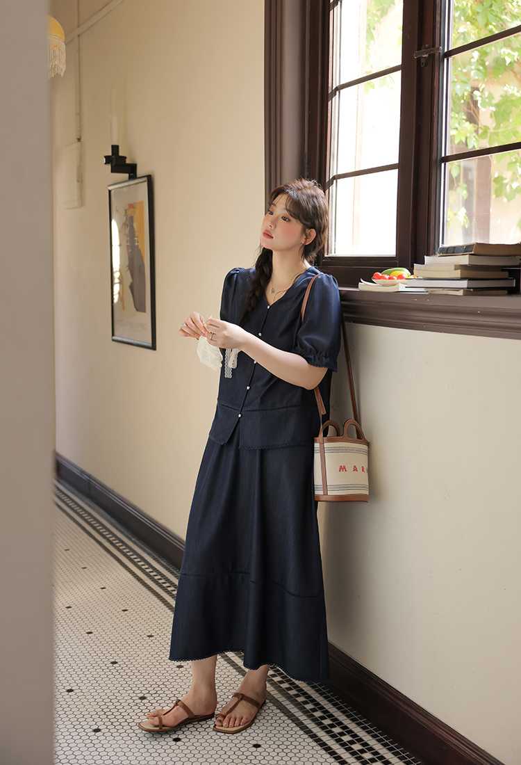 デニムセットアップ ゆったりシルエット 半袖トップス＆ミディ丈スカートセット