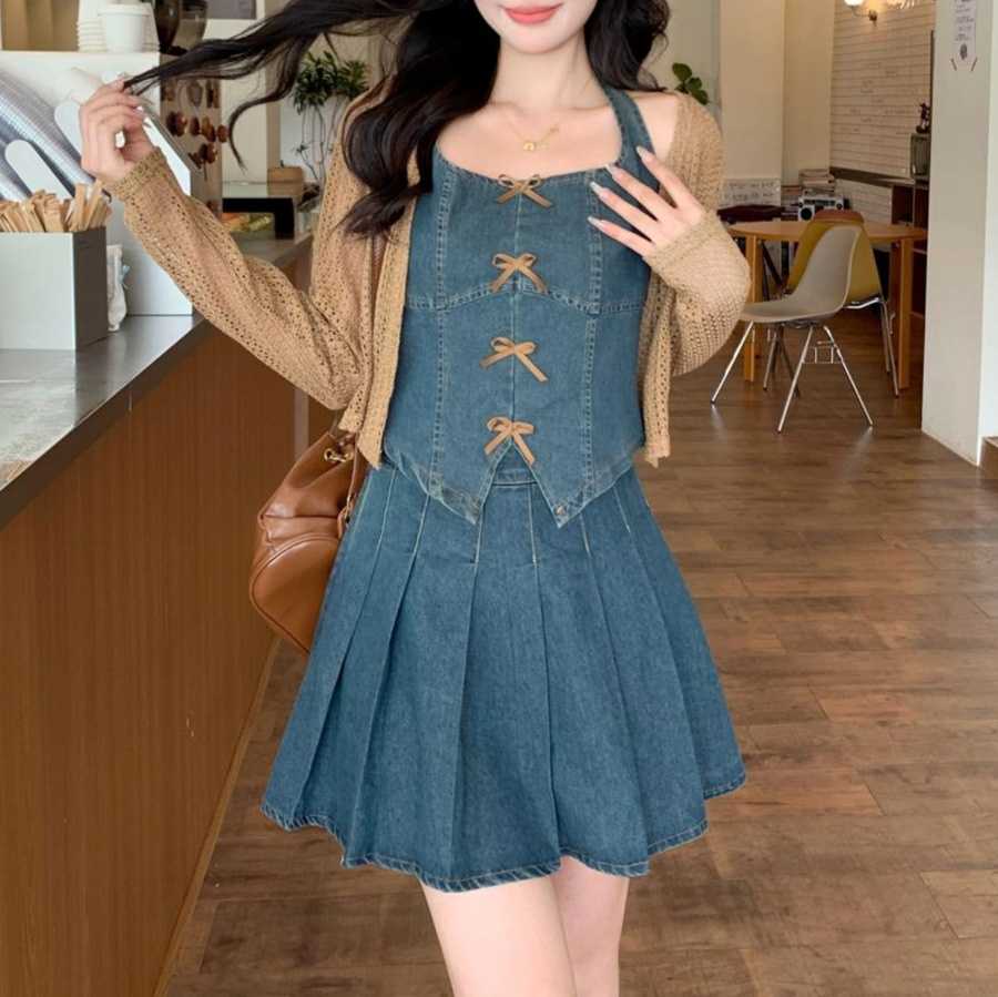 デニムセットアップ リボン結びデニム調コルセット風セットアップ