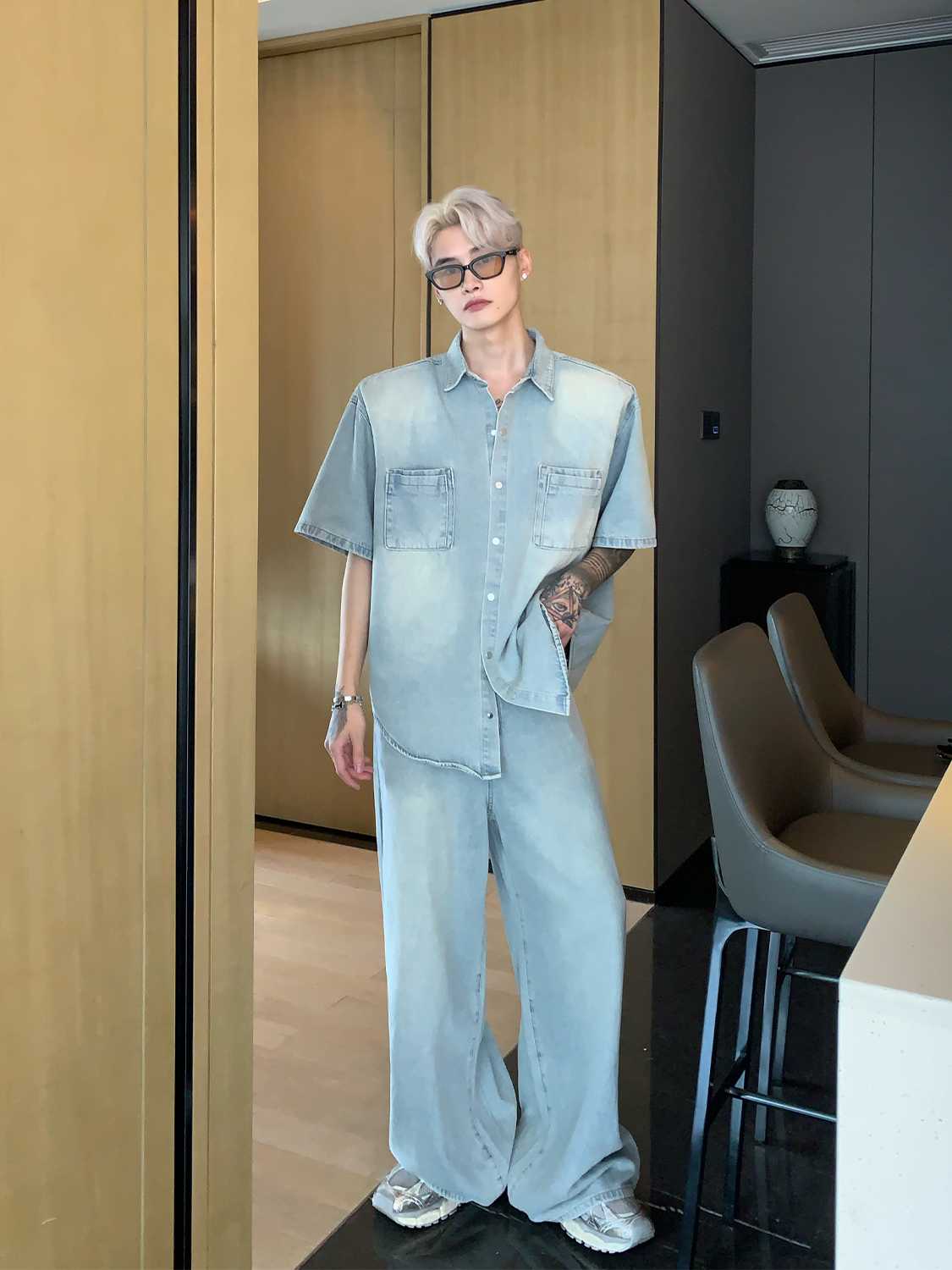 デニムセットアップ　涼やかデニムセットアップ半袖シャツ