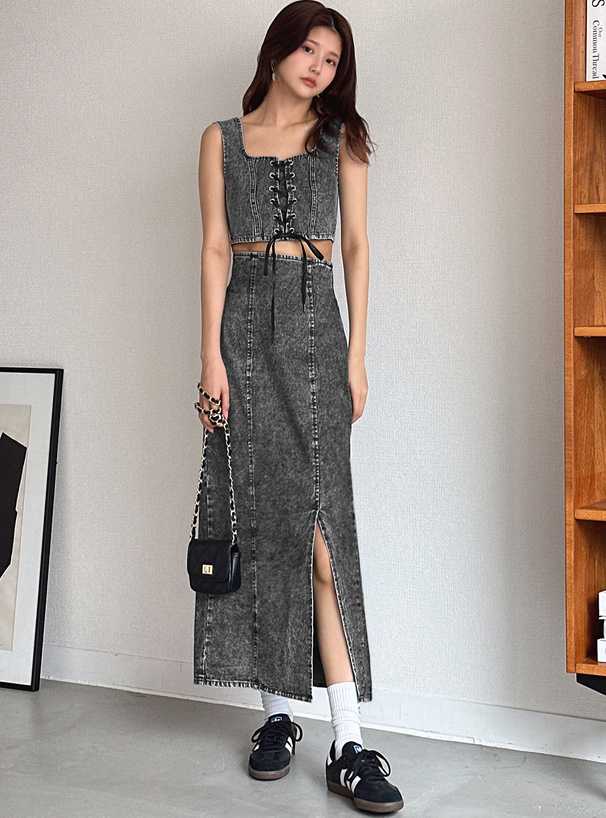 デニムセットアップ レースアップ デニムビスチェマキシスカートセット