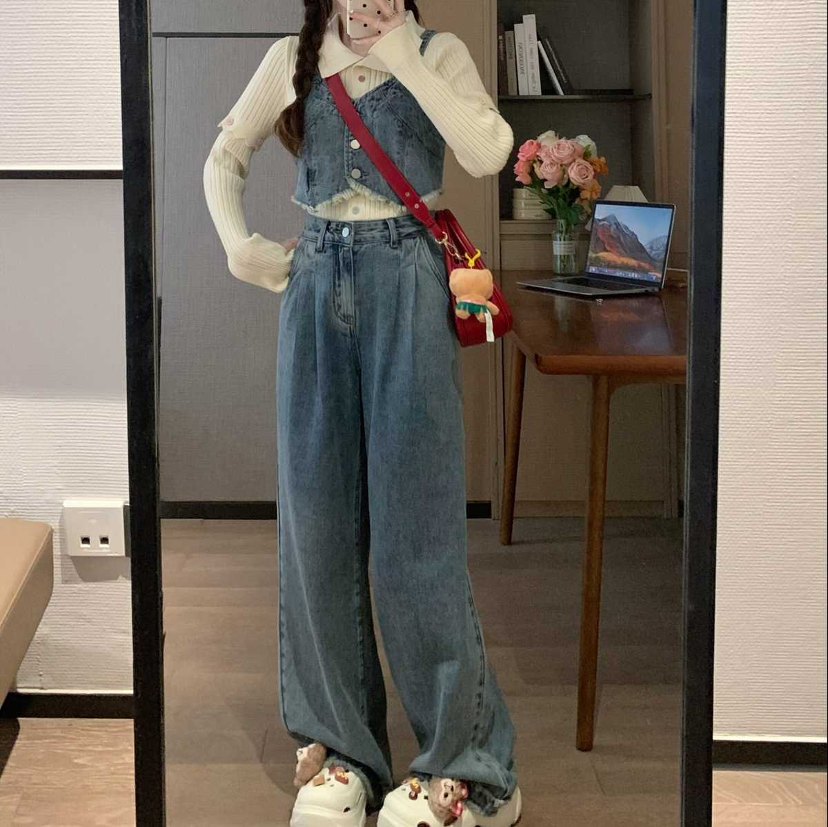 デニムセットアップ デニムビスチェとワイドパンツのセット