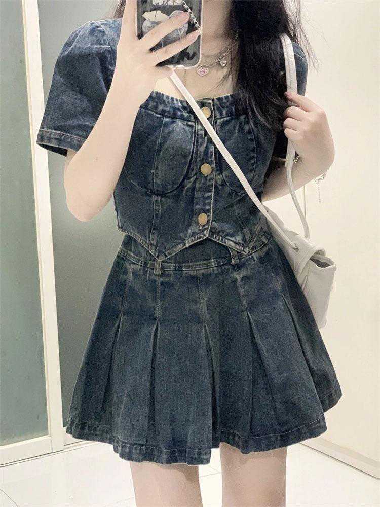 デニムセットアップ プリーツデニム二点セット