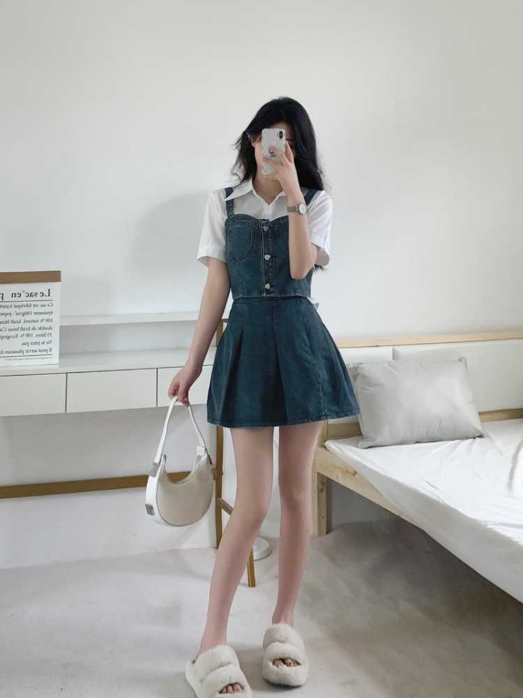 デニムセットアップ 胸元ポケット付きデニムワンピースセット