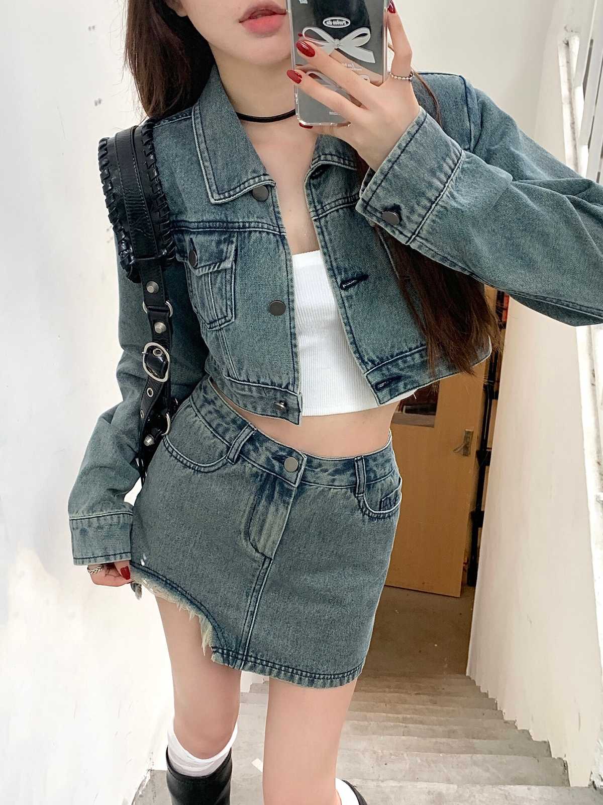 デニムセットアップ 裾カットデザインスカートデニムセット