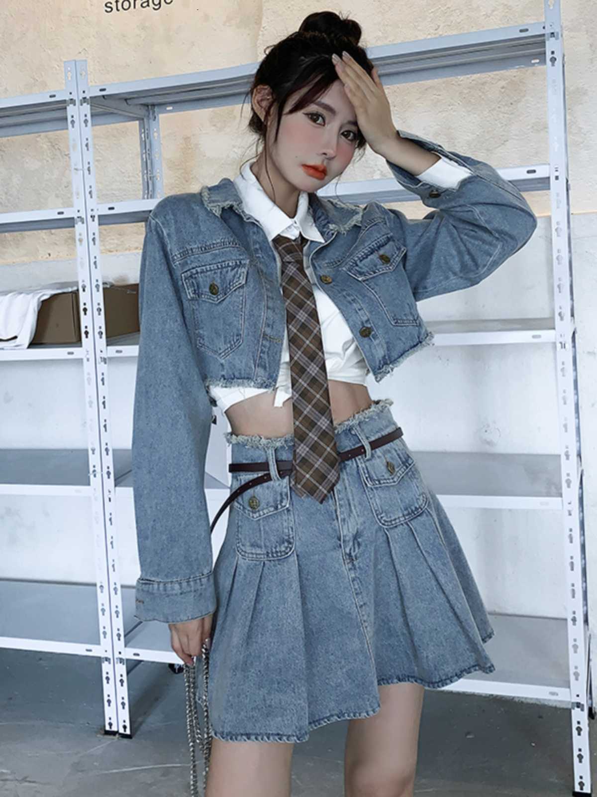 デニムセットアップ クロップド丈デニム制服風セットアップ