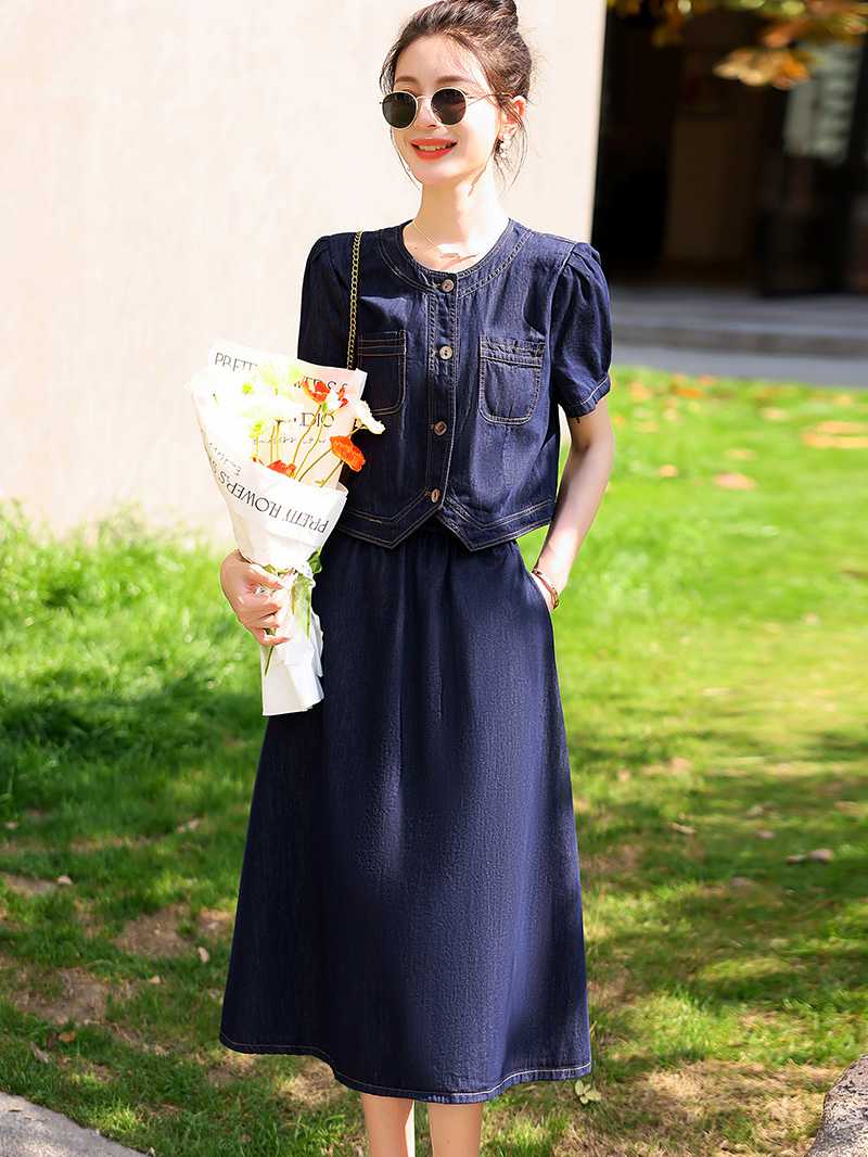 デニムセットアップ　短袖ポケット付きデニムセットアップ