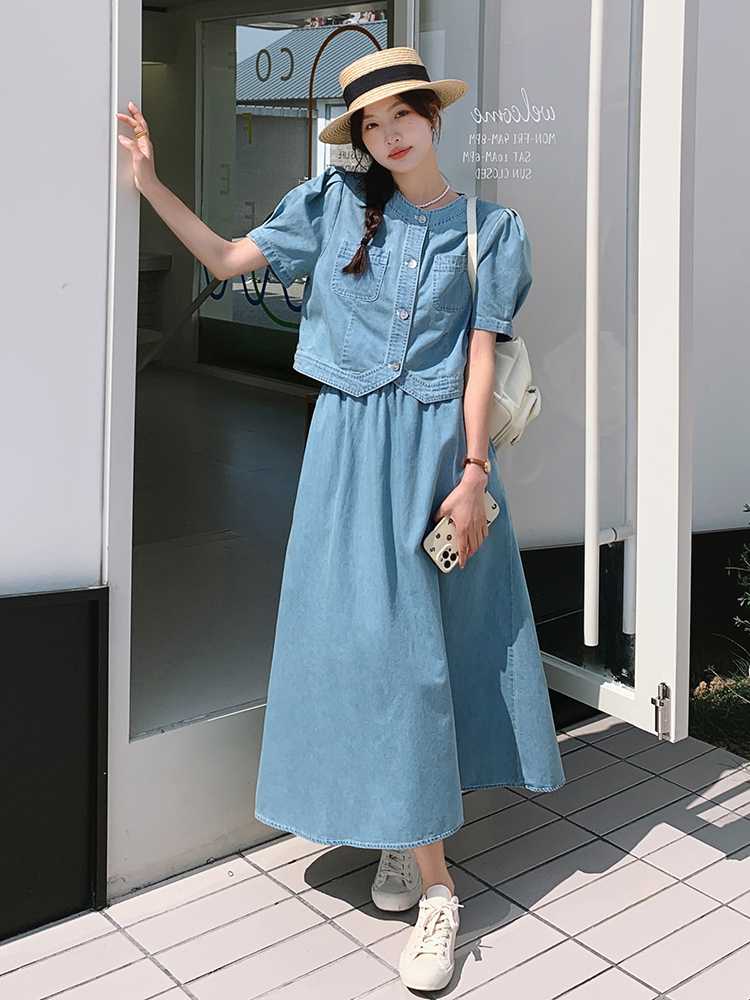 デニムセットアップ　パフスリーブ春夏デニムセットアップ