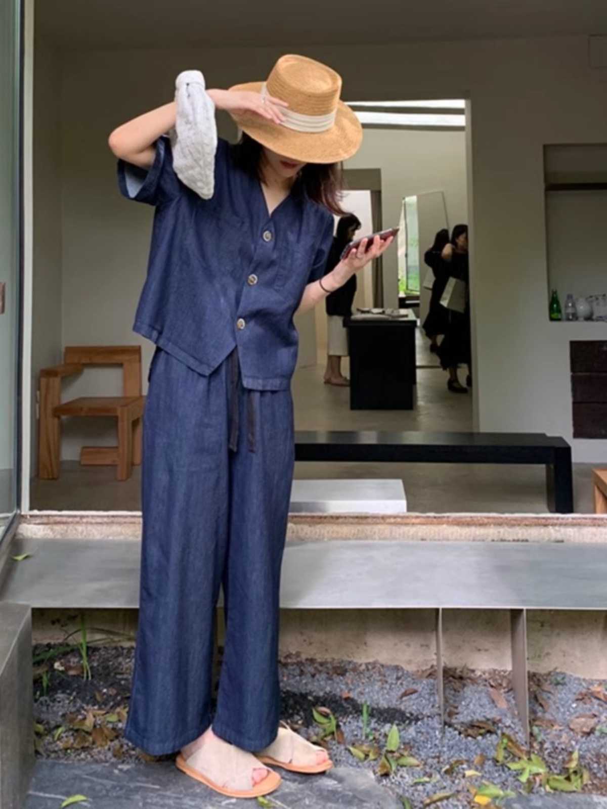 デニムセットアップ 涼やか麻混デニム風上下セット