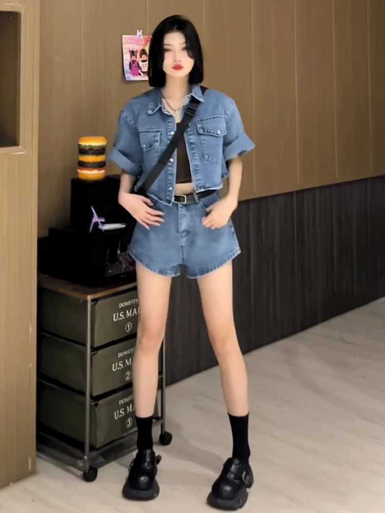 デニムセットアップ カジュアル夏向けデニム上下セット