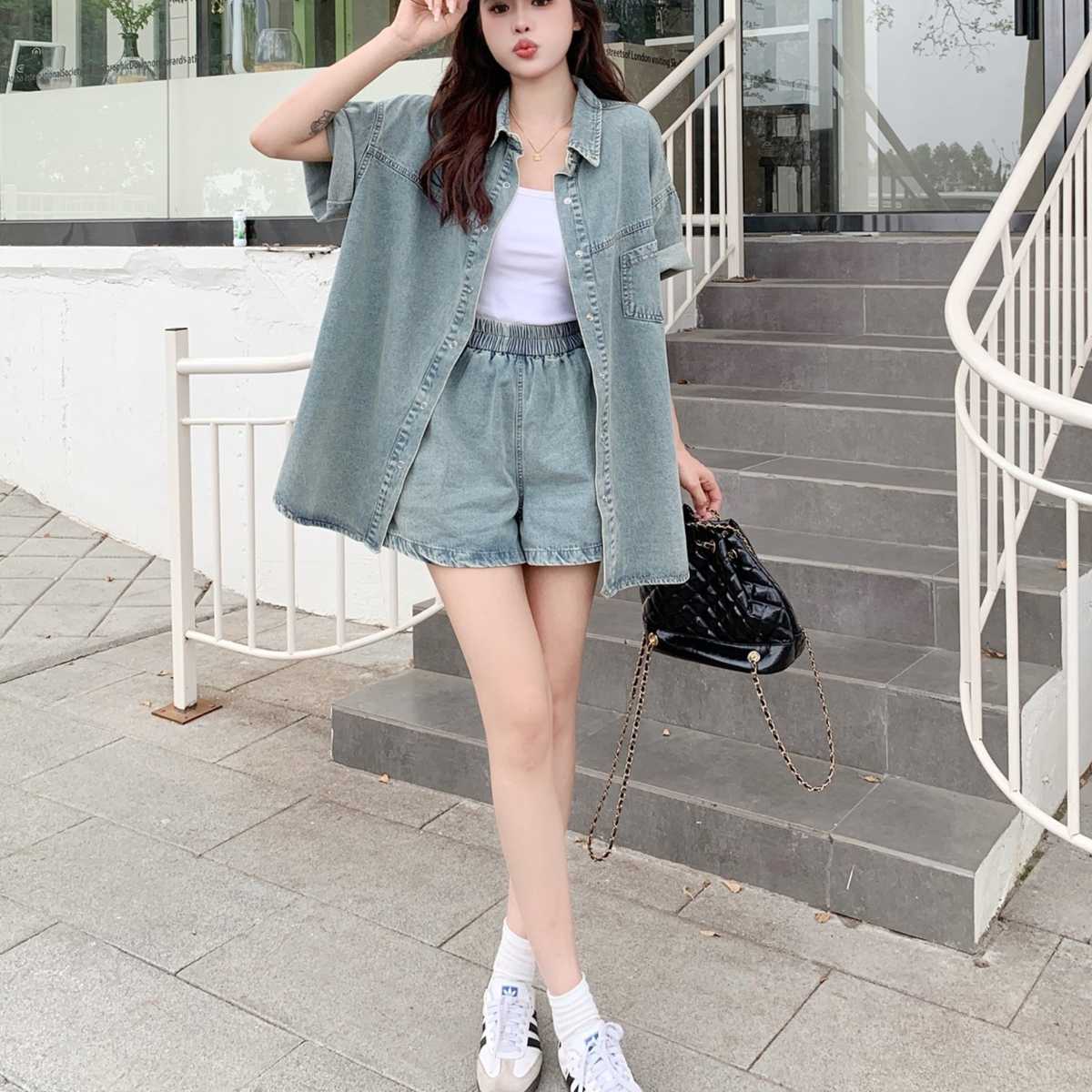 デニムセットアップ ゆったりデニムシャツセットアップ