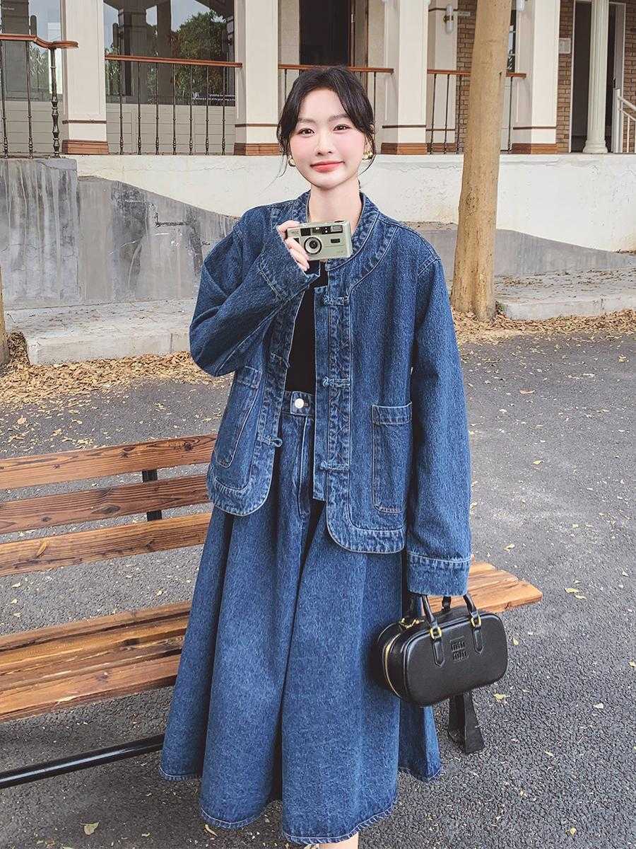デニムセットアップ 洗練デニムゆったりジャケットスカートセット