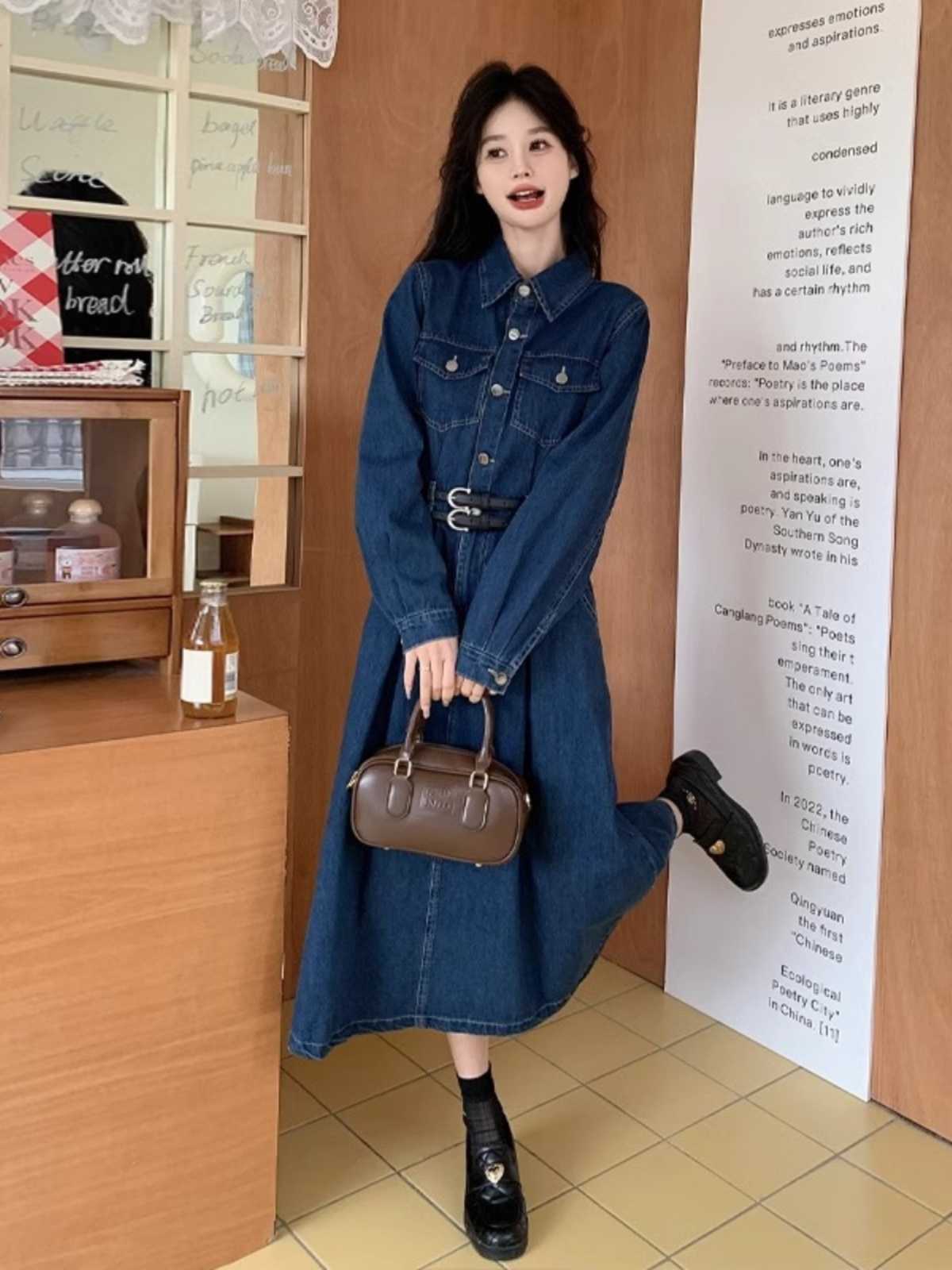 デニムセットアップ 長袖デニムワンピース ベルト付き