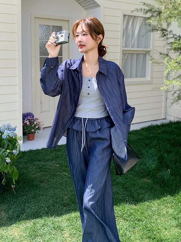 デニムセットアップ ゆったり大人風デニム調シャツセットアップ