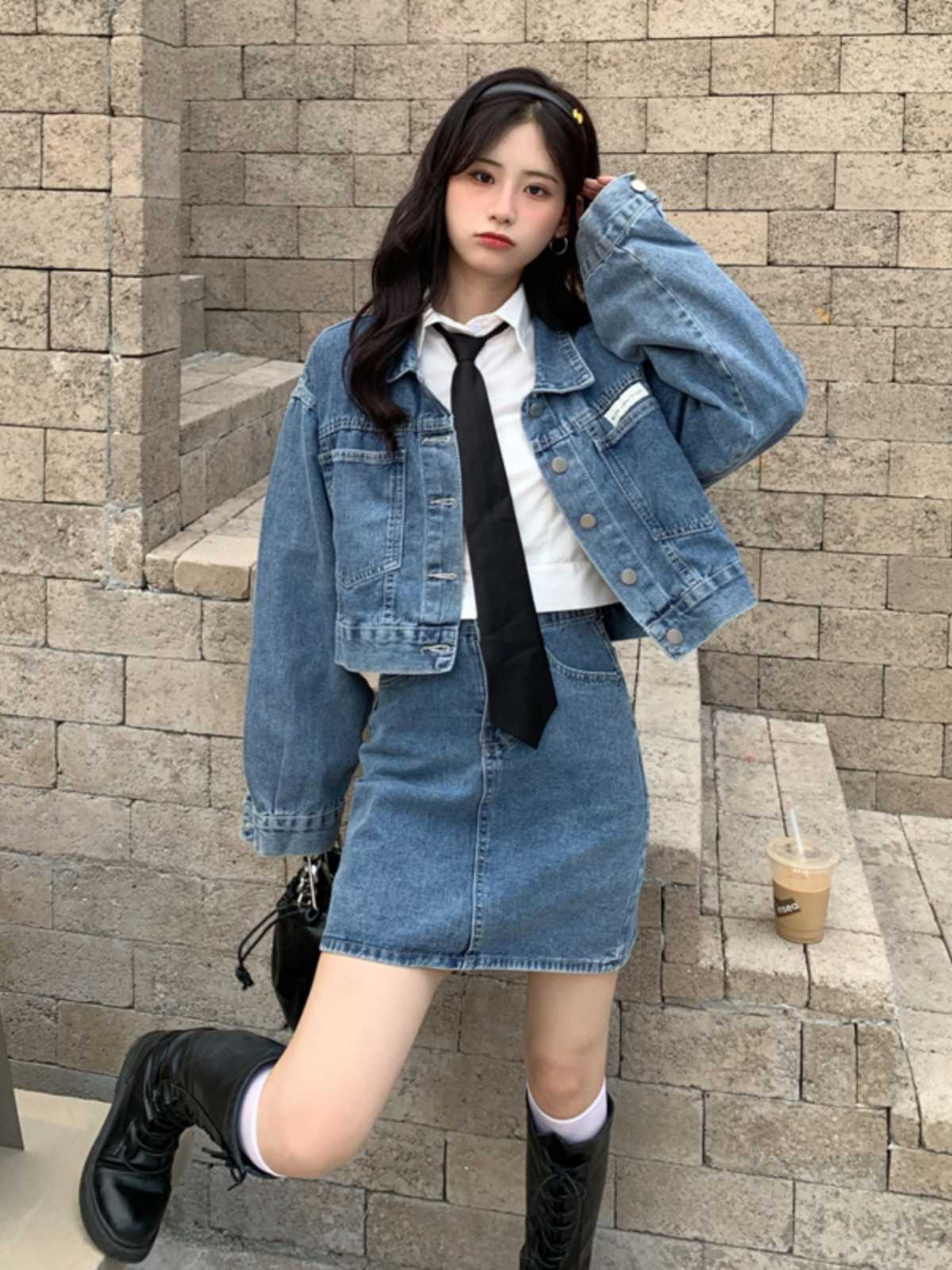 デニムセットアップ デニム学院風ジャケットスカートセット