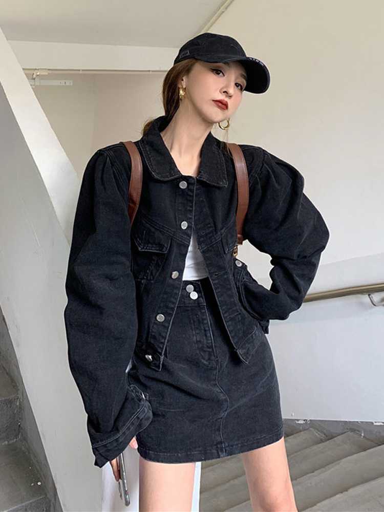 デニムセットアップ ポップカラー ゆったりデニムセット