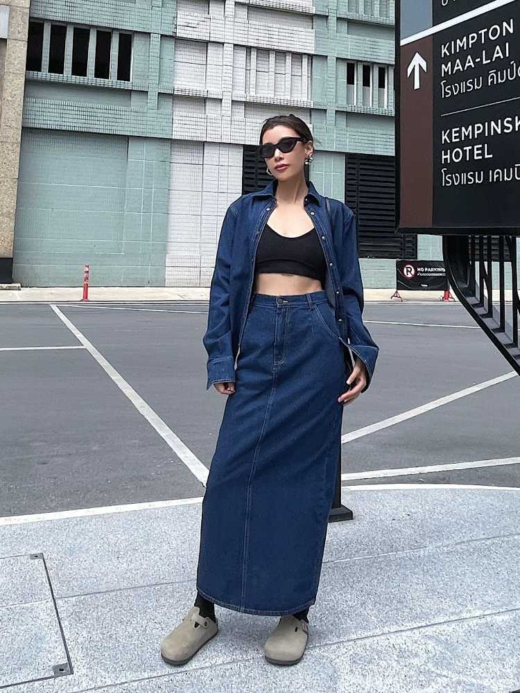 デニムセットアップ 都会的ロングデニムセットアップ
