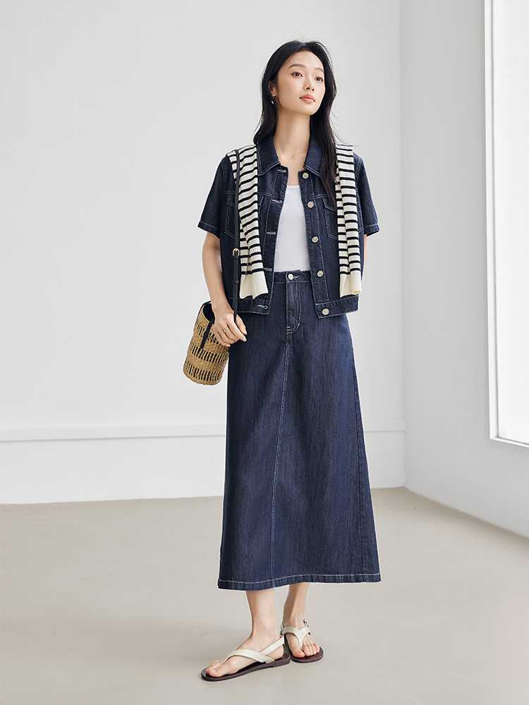 デニムセットアップ 上品フレアデニムセットアップ